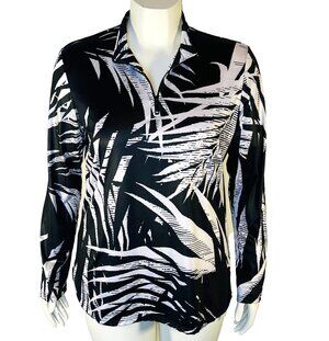 Paradise Bay Sweatshirt Womens L Black White Tropical 1/4 Zip Mock Neck